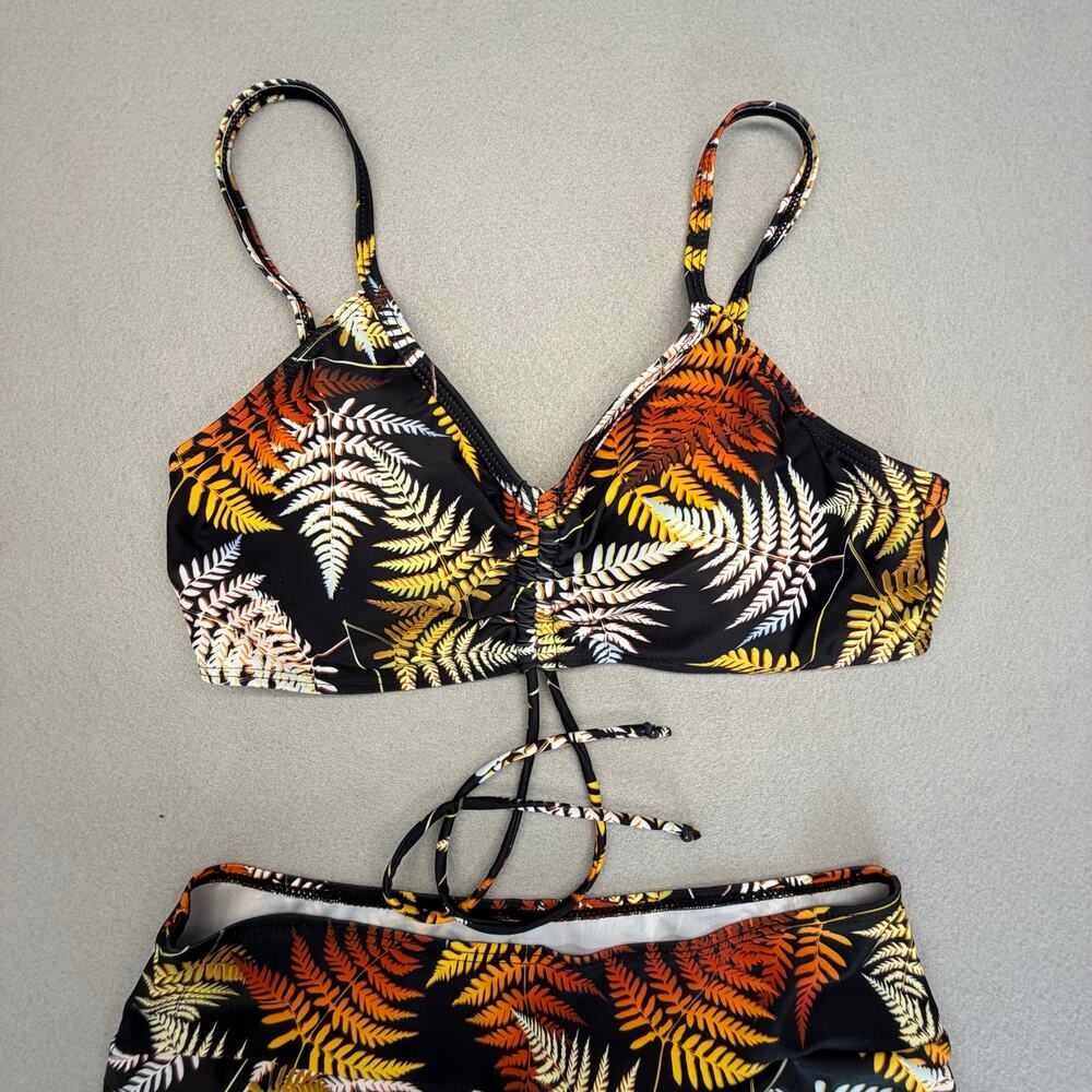 3 pc Women's Leaf Print Front Tie Bikini High Waist Shorts Swim w/Kimono Size M - Picture 4 of 8